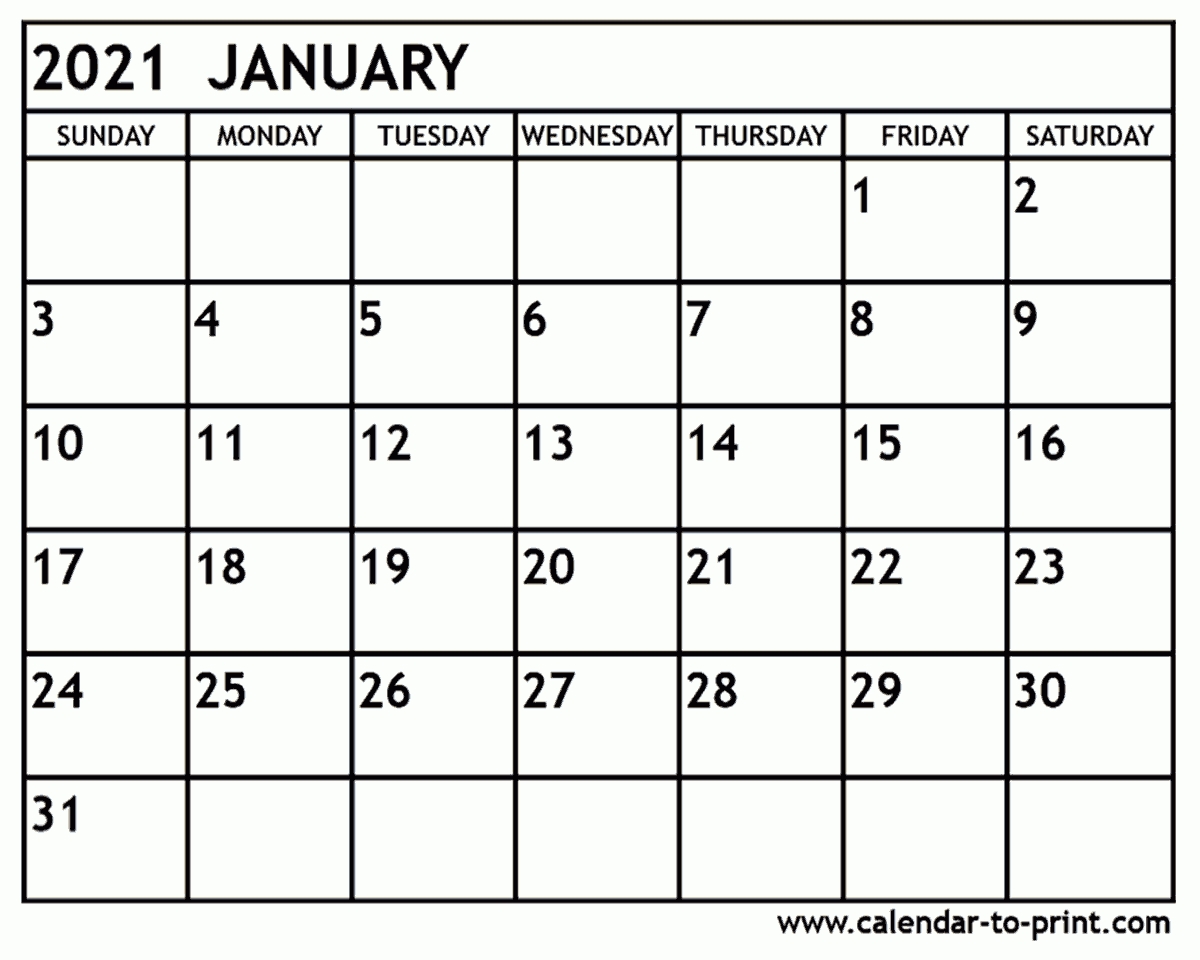 Printable Calendar For January 2021