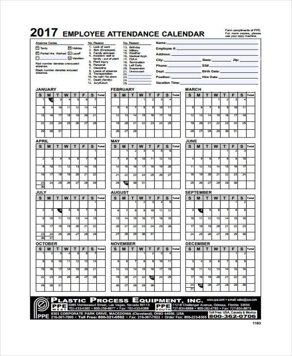 Printable Employee Time Off Tracking Calendar | Printable