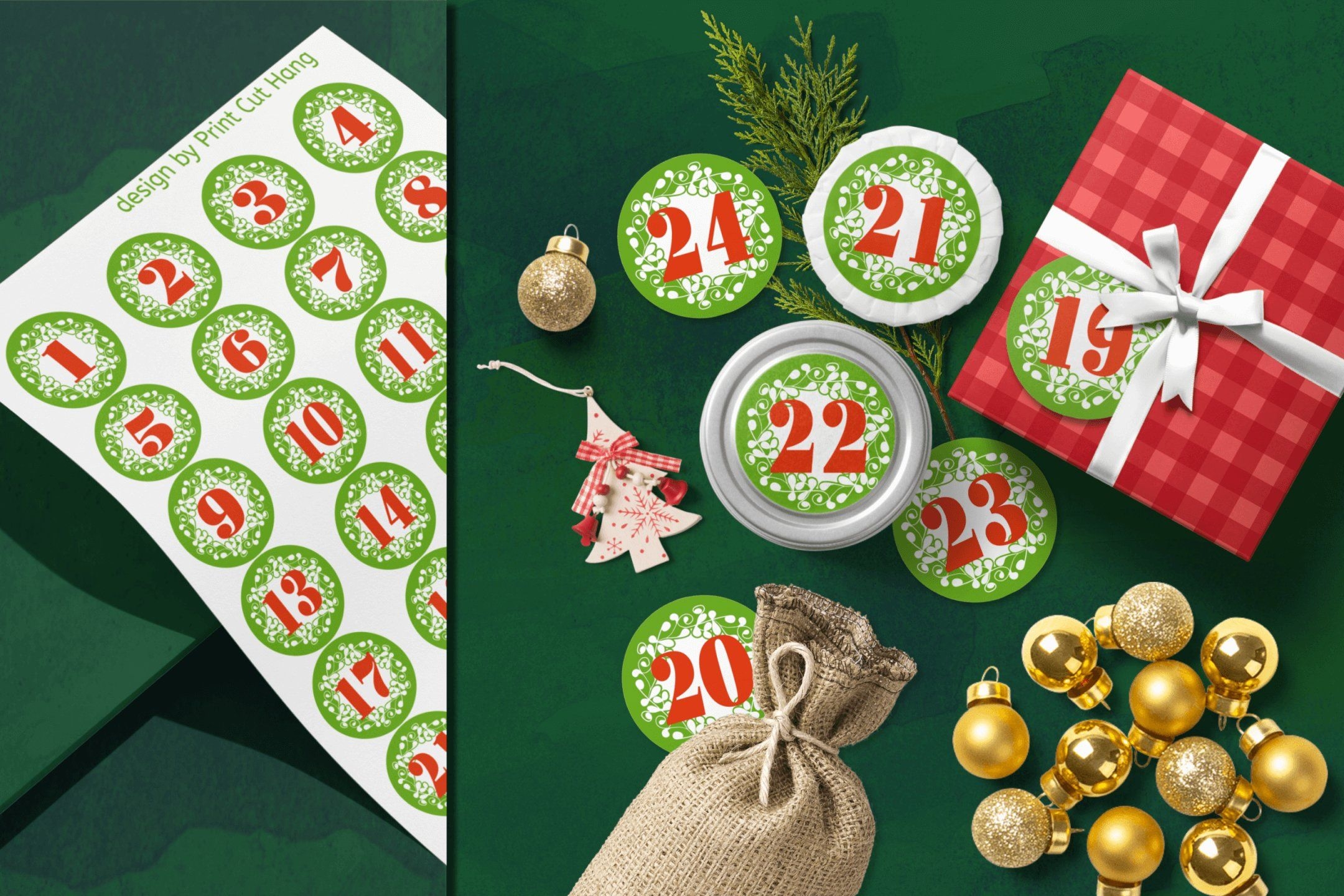 Printable Green Advent Calendar Numbers 1 25 Ornate