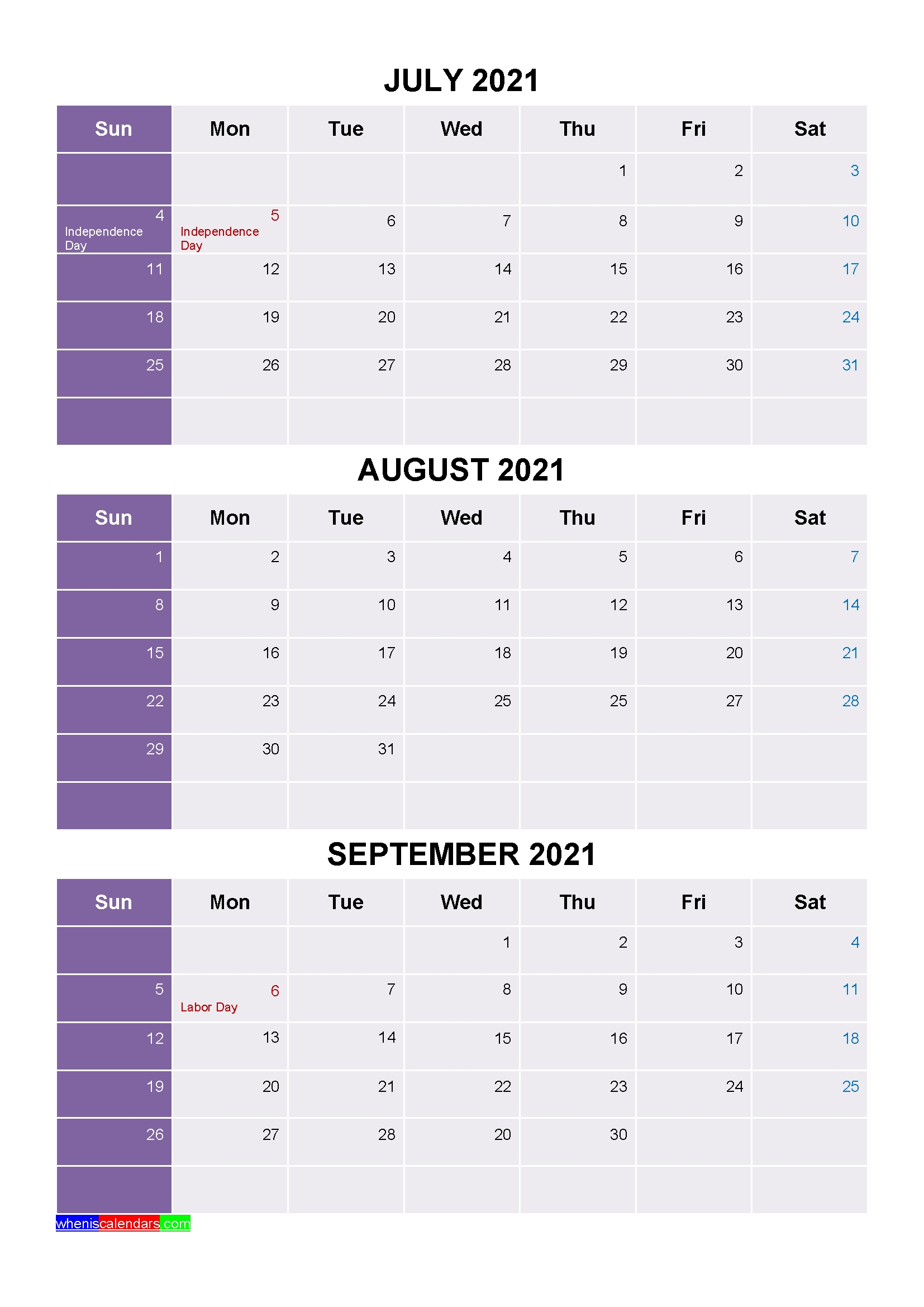 Printable July August September 2021 Calendar Word, Pdf