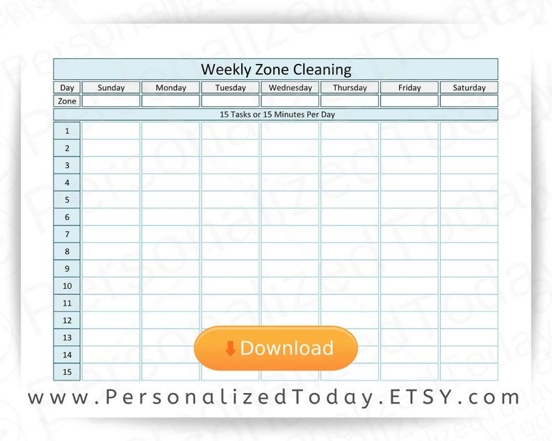 Printable Sunday Start Weekly Zone Cleaning Calendar Write