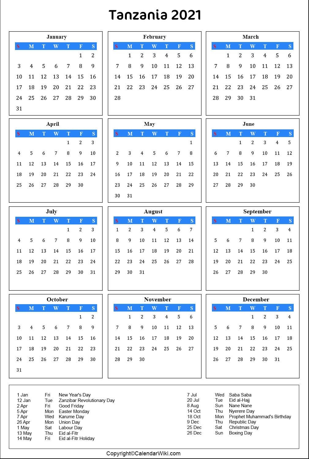 Printable Tanzania Calendar 2021 With Holidays [public