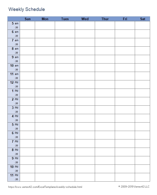 printable weekly schedules with times in 15 min increments