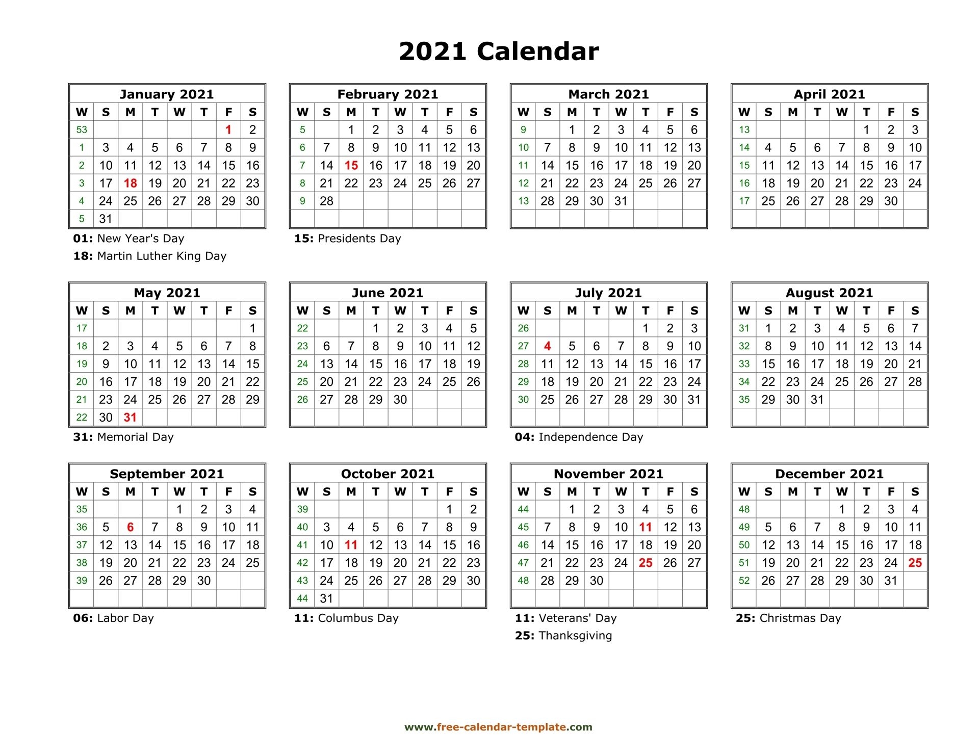 printable yearly calendar 2021 | free calendar template