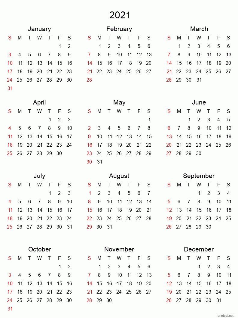 Printable Yearly Calendar 2021, Full Year | Free Printable