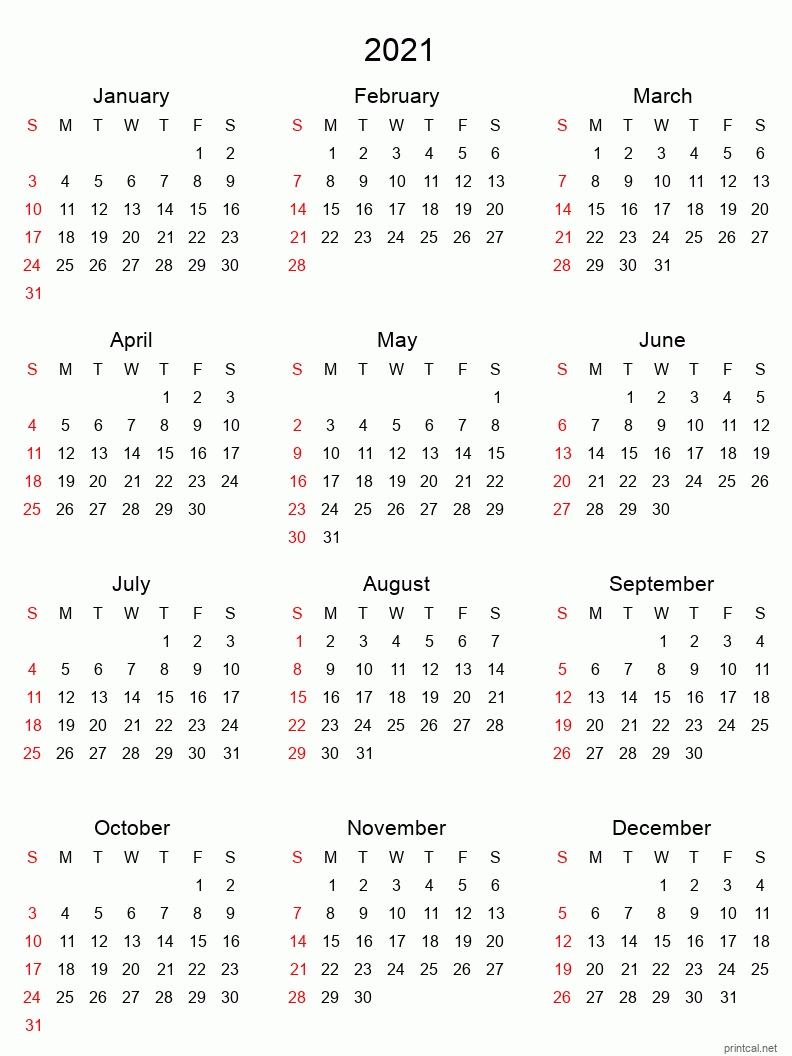 printable yearly calendar 2021, full year | free printable