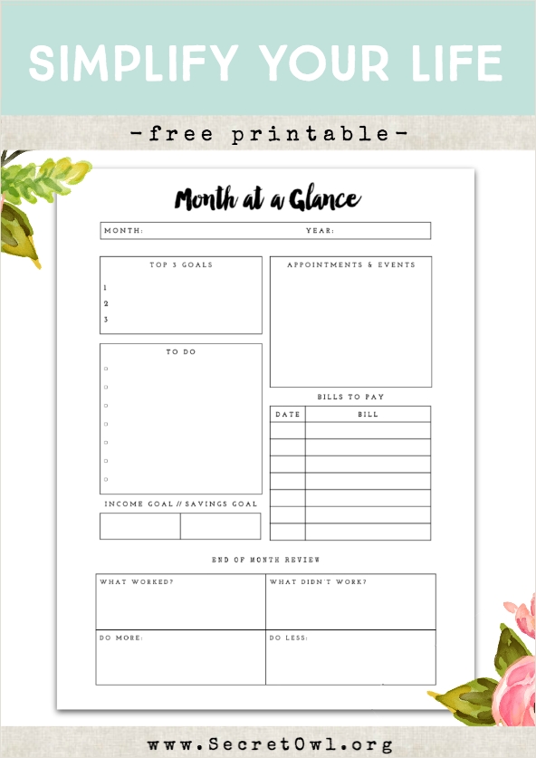 Secret Owl Society: Free Printable Month At A Glance