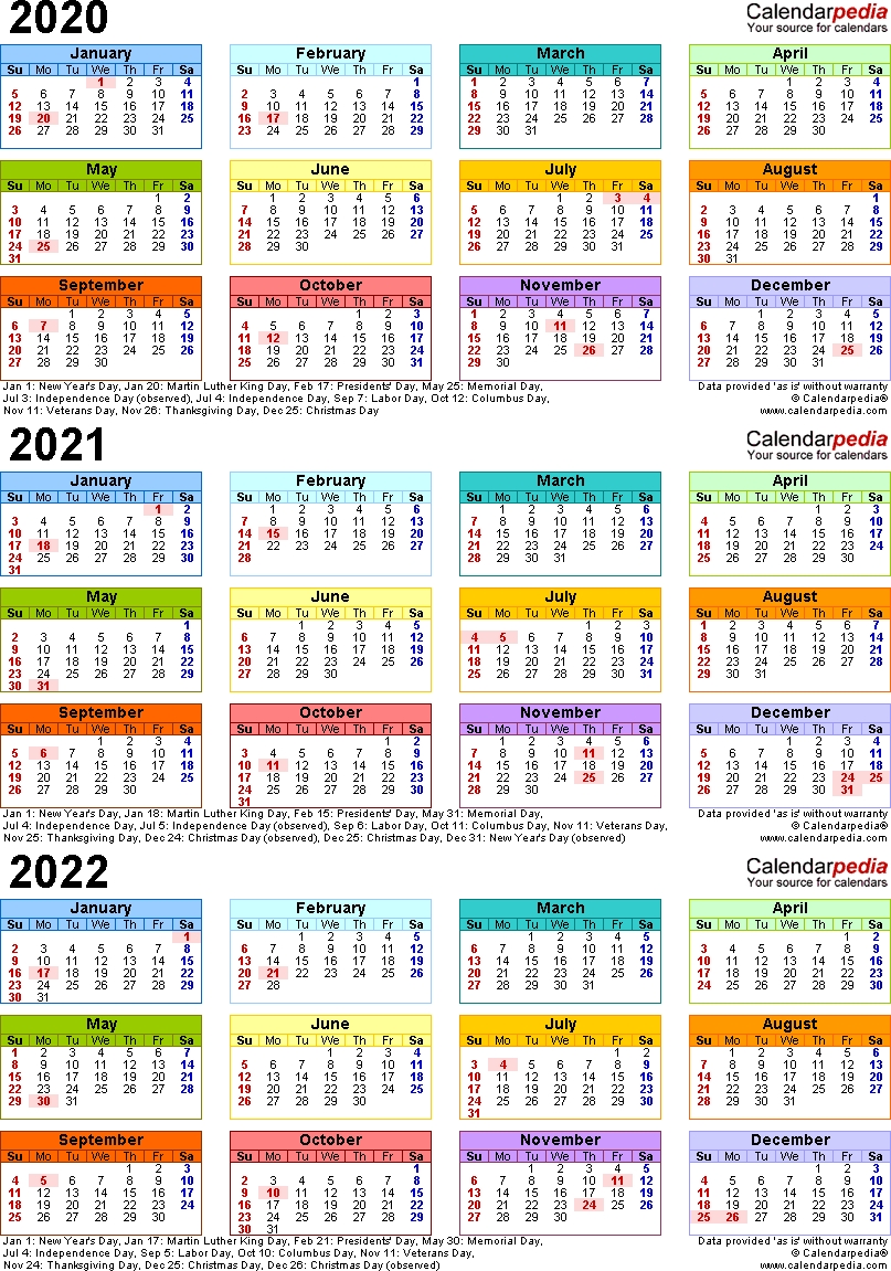 template 3: word template for three year calendar 2020