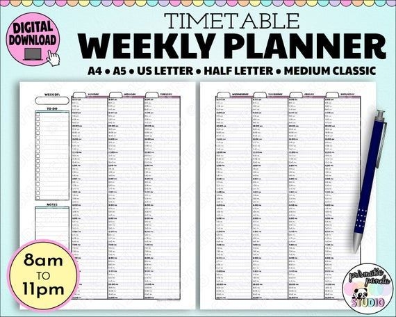 Timetable Weekly Planner 15 Minute Increments Barber