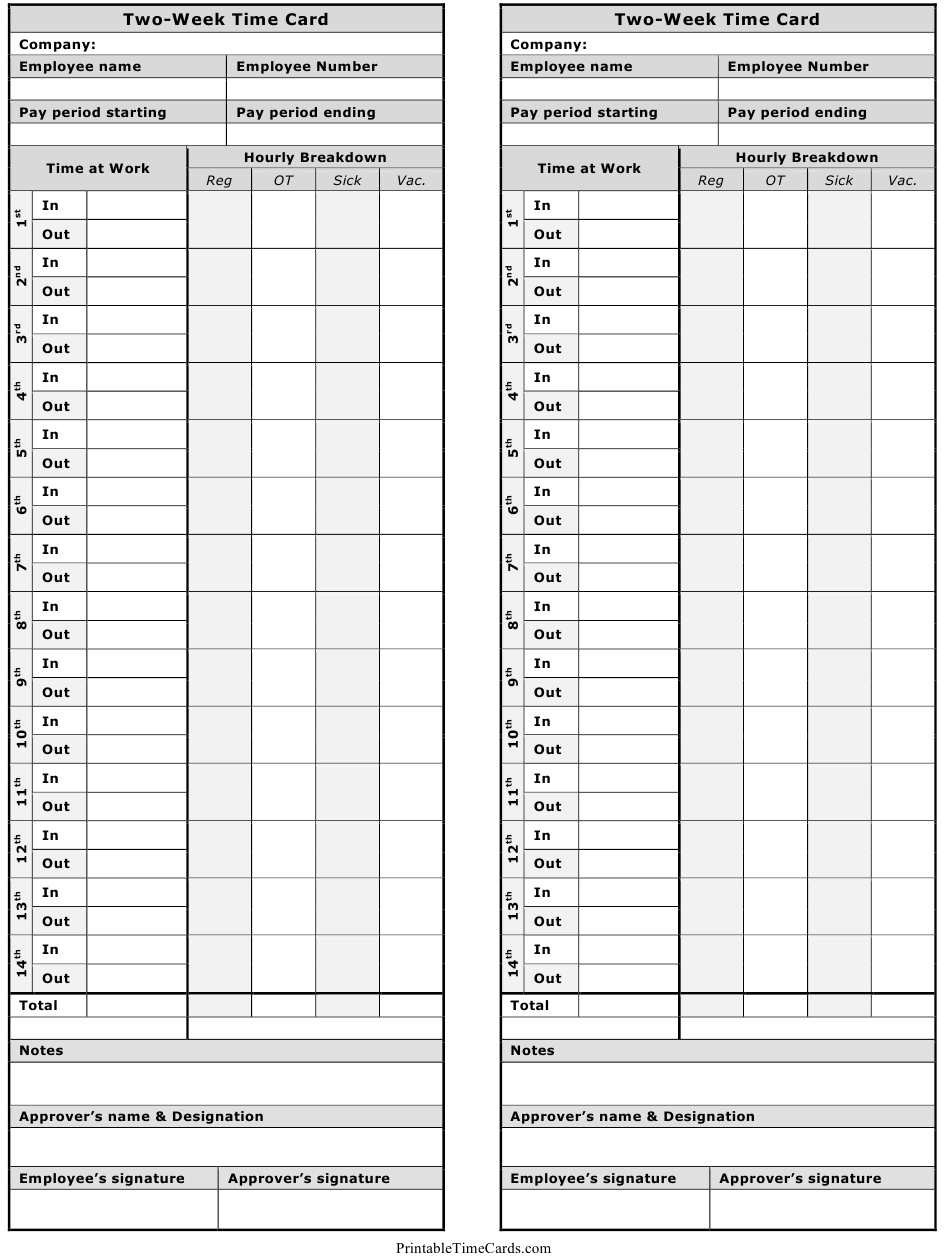 two week time card template two per page download