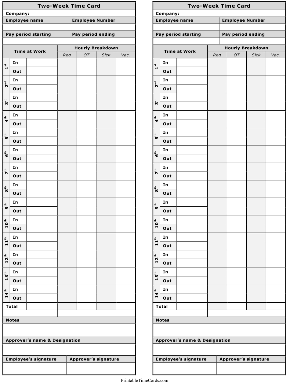 Two Week Time Card Template Two Per Page Download