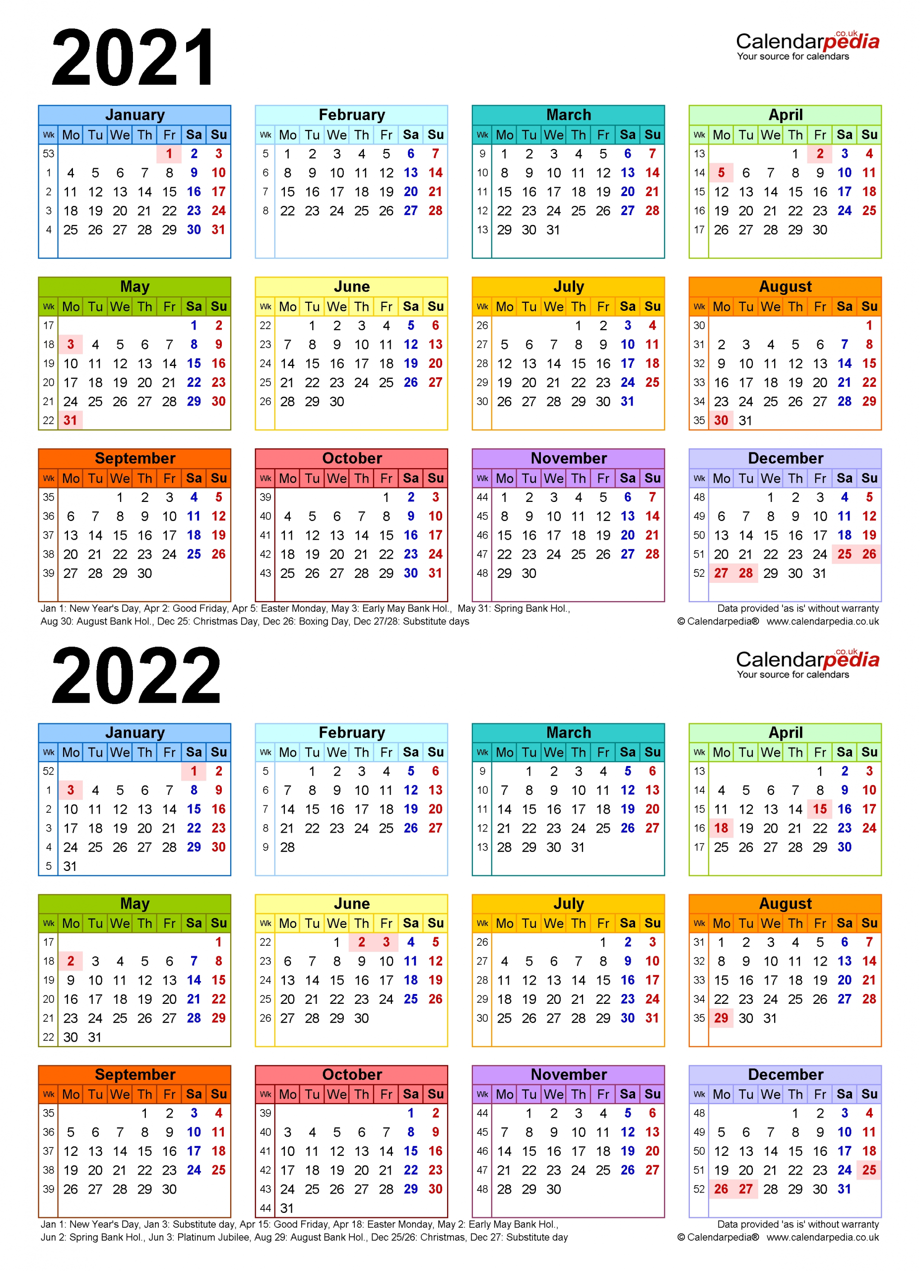 Two Year Calendars For 2021 & 2022 (uk) For Excel