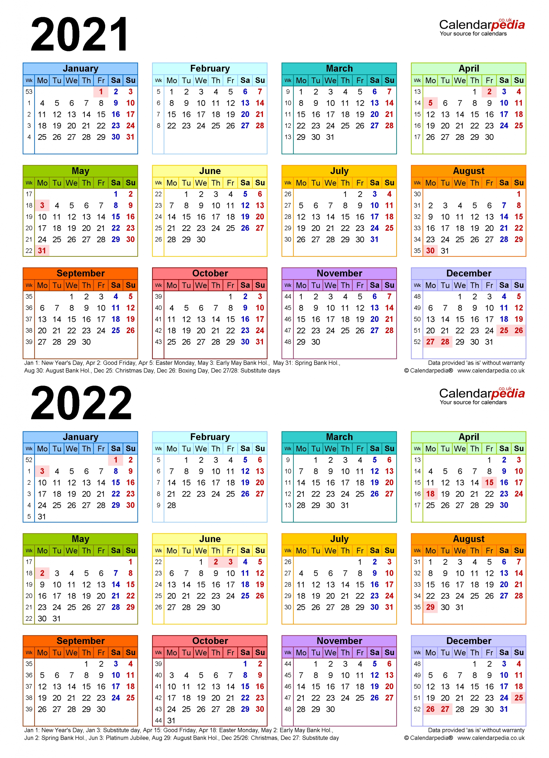 two year calendars for 2021 &amp; 2022 (uk) for excel