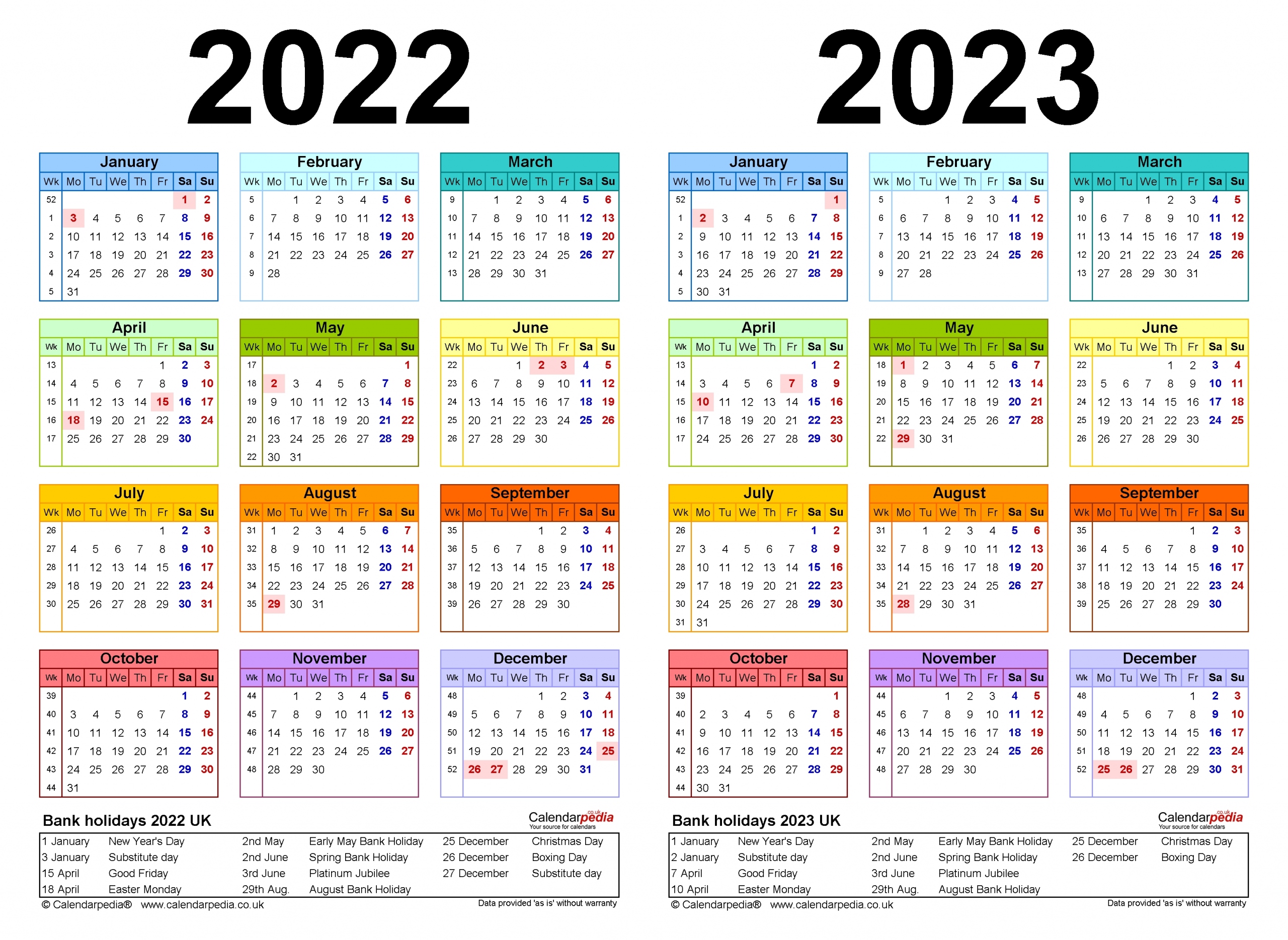 two year calendars for 2022 &amp; 2023 (uk) for word