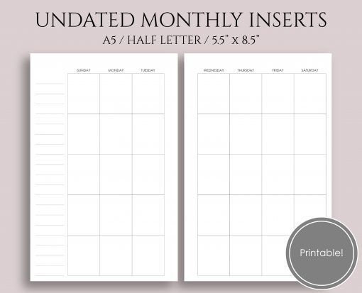 Undated Monthly Calendar, Sunday Saturday Pt Paper