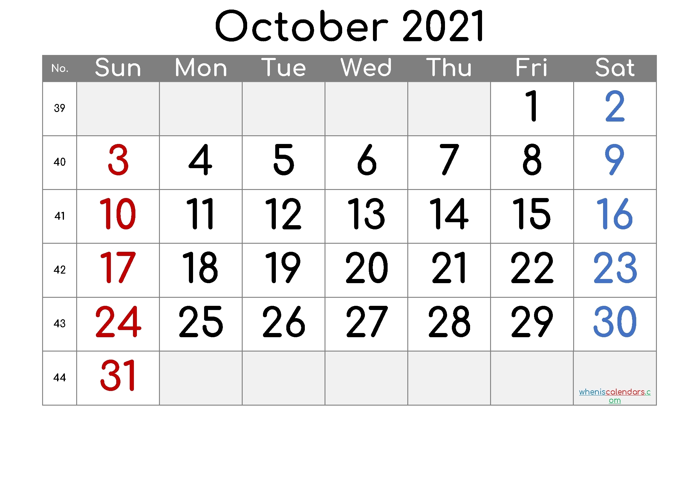 Universal October 2021 Calendar Monday To Friday | Get