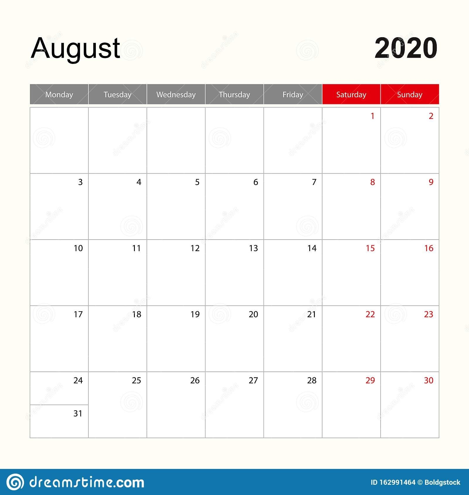 Wall Calendar Template For August 2020 Holiday And Event