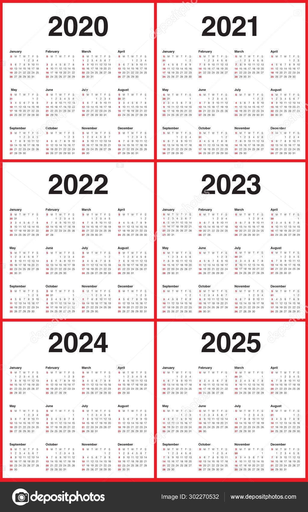 Year 2020 2021 2022 2023 2024 2025 Calendar Vector Design