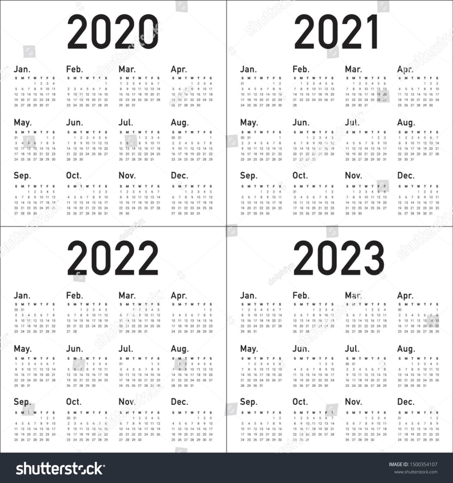 Year 2020 2021 2022 2023 Calendar Stock Vector (royalty