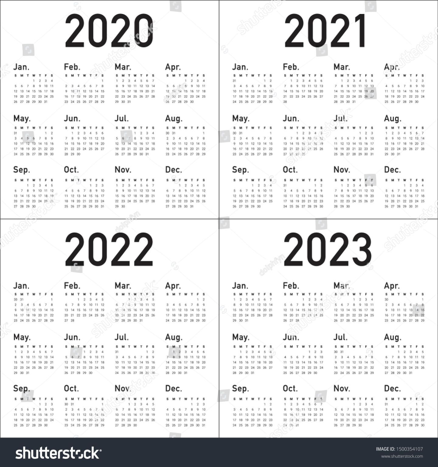 year 2020 2021 2022 2023 calendar stock vector (royalty