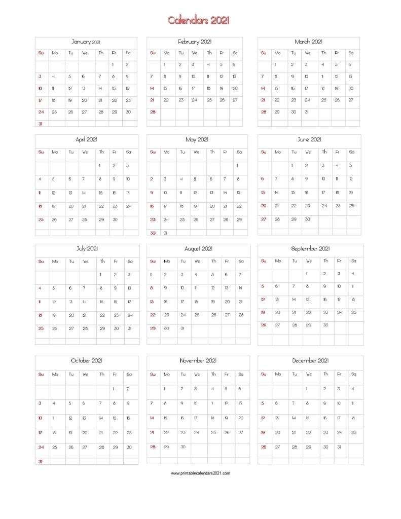 Year 2021 Calendar Printable One Page | Ten Free Printable