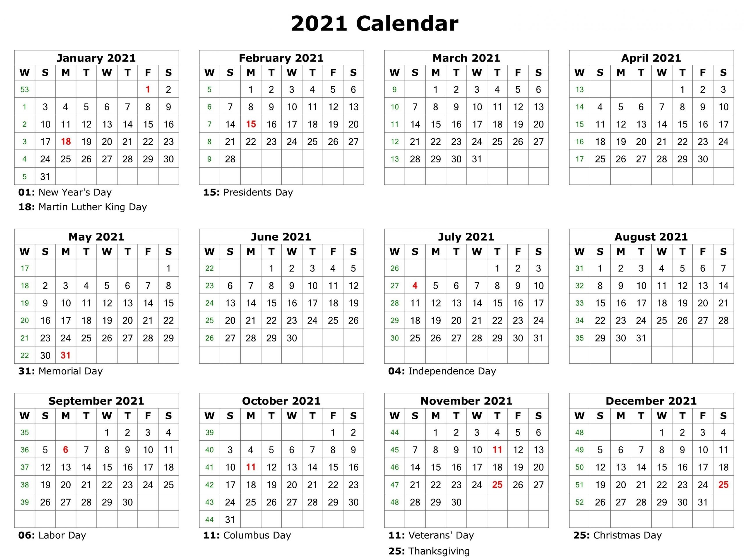 Yearly 2021 Calendar With Holidays | Printable Calendar