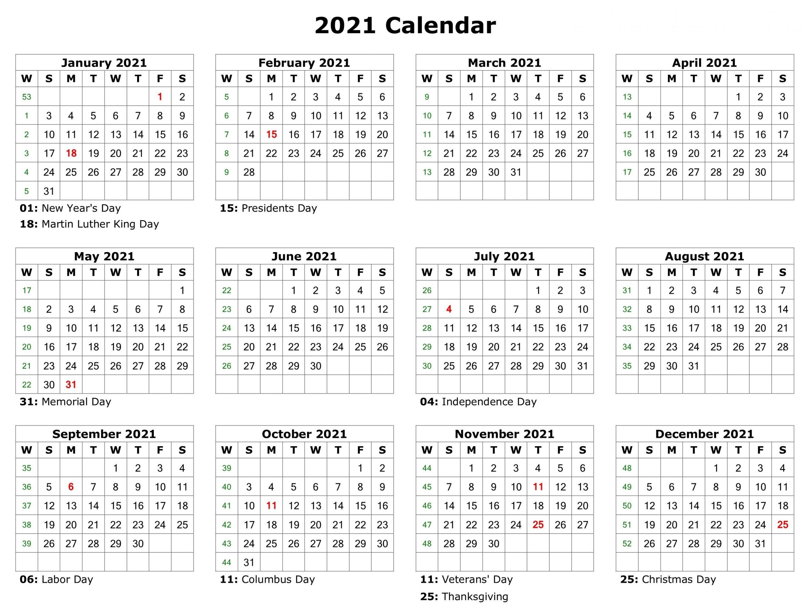 yearly 2021 calendar with holidays | printable calendar