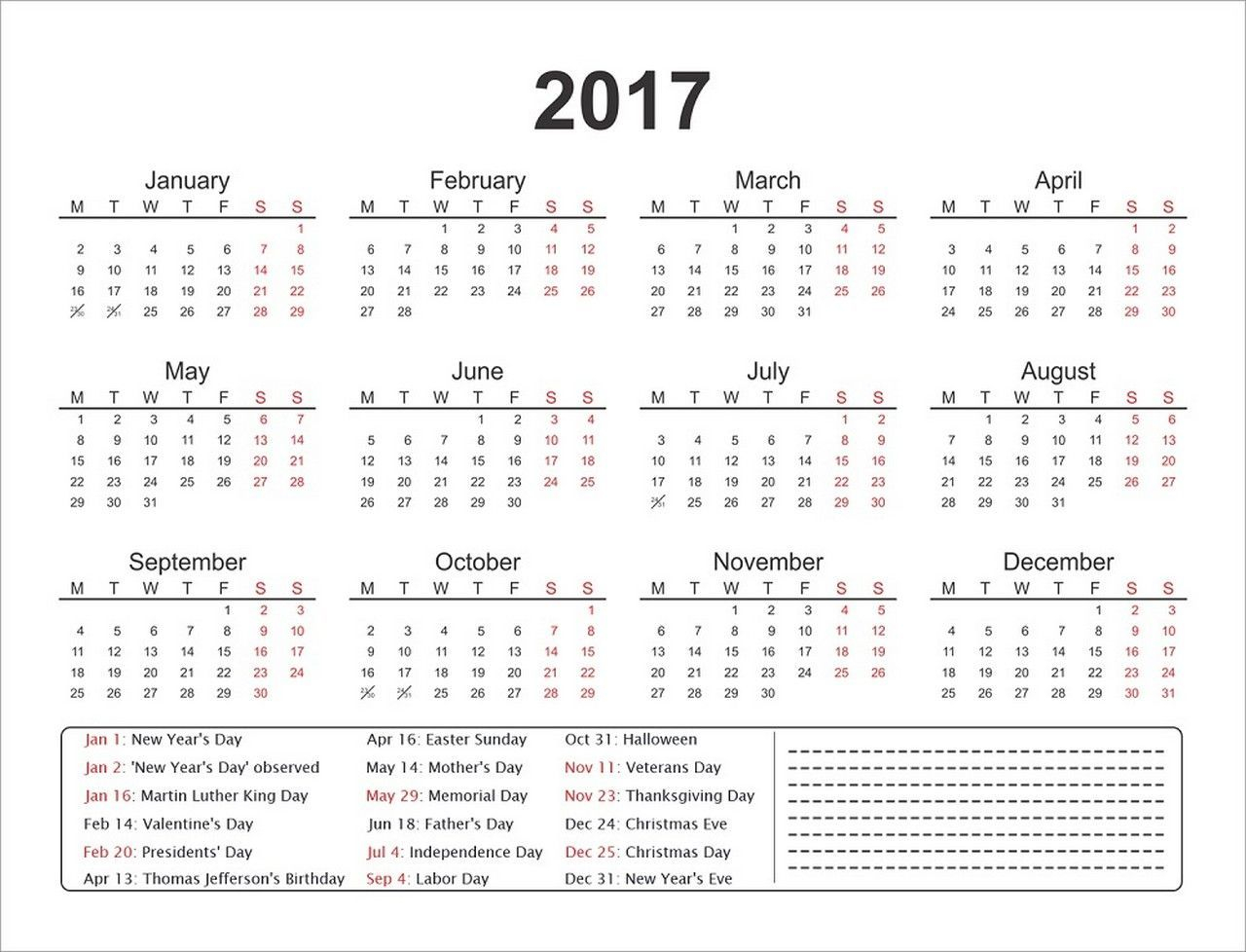 1 Page Calendars 2017 | Blank Calendar Template, Free