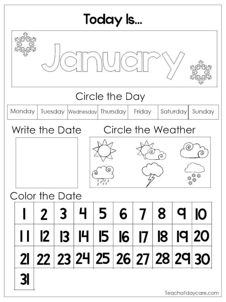 12 Printable Preschool Calendar Worksheet Pages Month Day