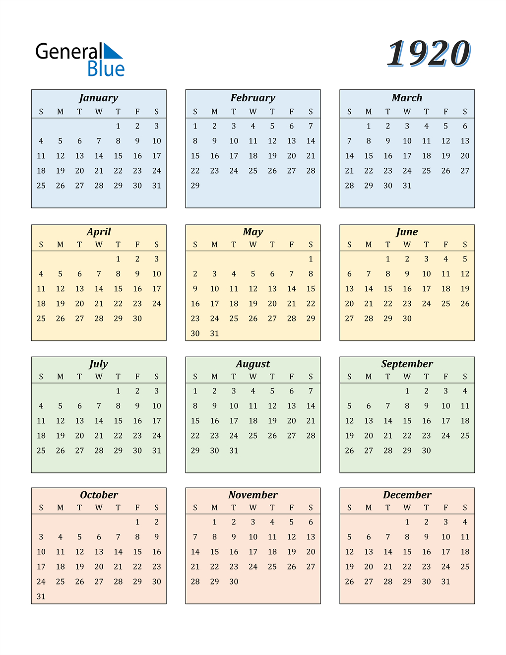 1920 Calendar (pdf, Word, Excel)