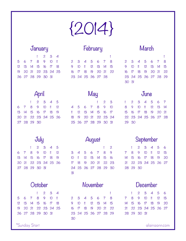 2014 Year At A Glance Calendar | Alaina Ann | At A Glance