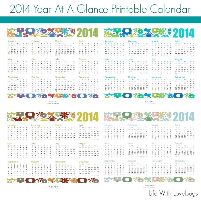 2014 Year At A Glance Printable Calendar Life With Lovebugs