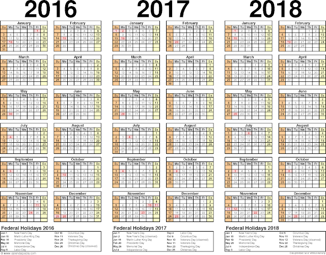 2016/2017/2018 Calendar 3 Year Printable