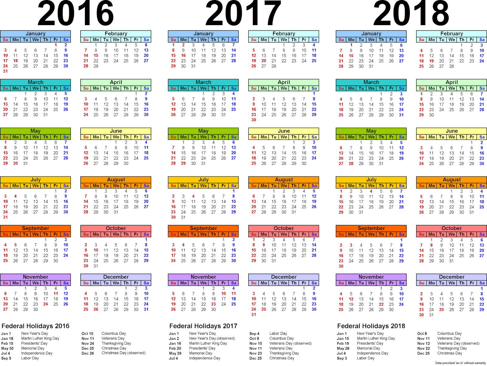 2016/2017/2018 Calendar 3 Year Printable