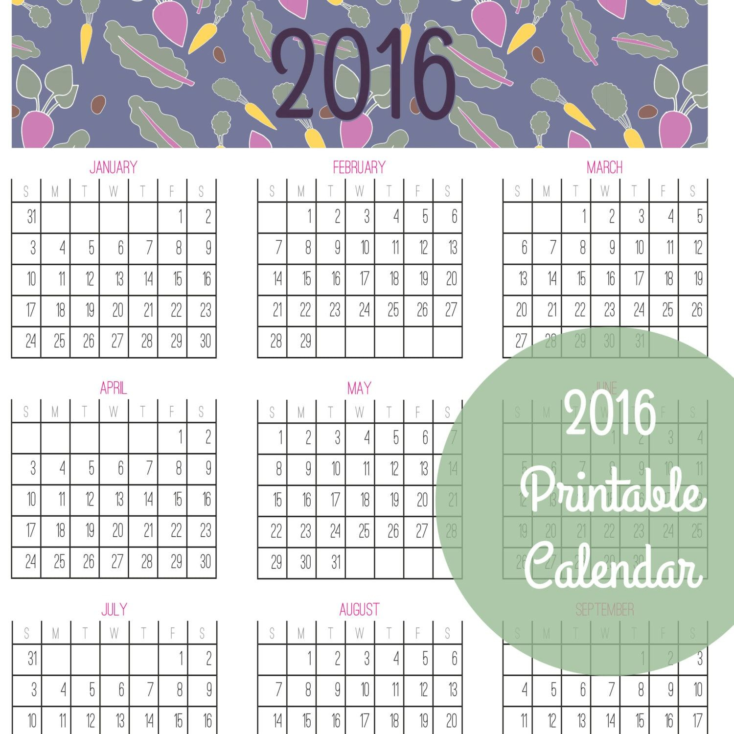 2016 Year At A Glance Calendar Pdf Printable Download