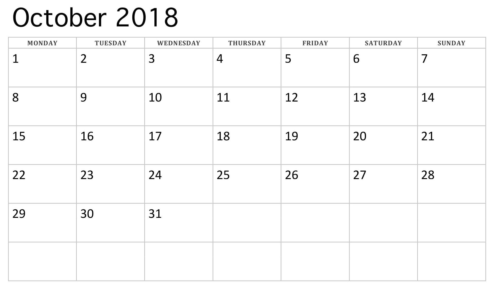 2018 October Monday Starting Calendar | Calendar, Words