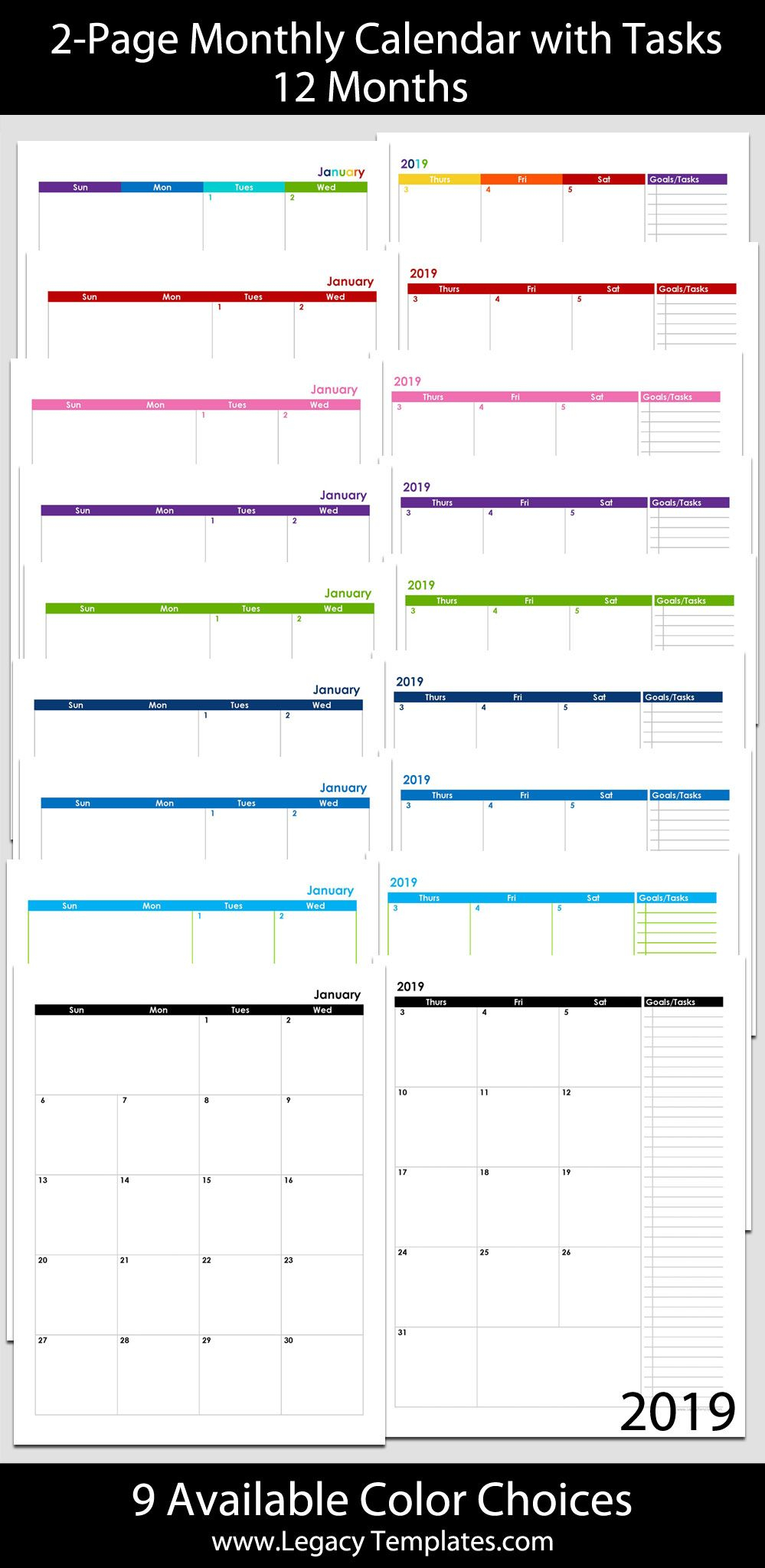 2019 12 Month 2 Page Calendar 8 5 X 11 | Legacy Templates