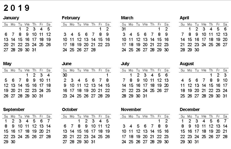 2019 Calendar One Page Printable Year Calendar