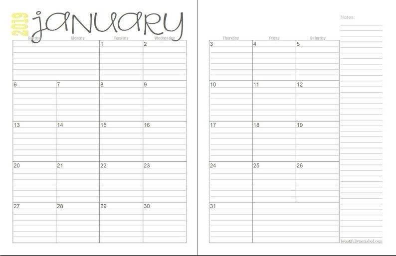 2019 Lined Monthly Calendars 2 Page Layout Full Year