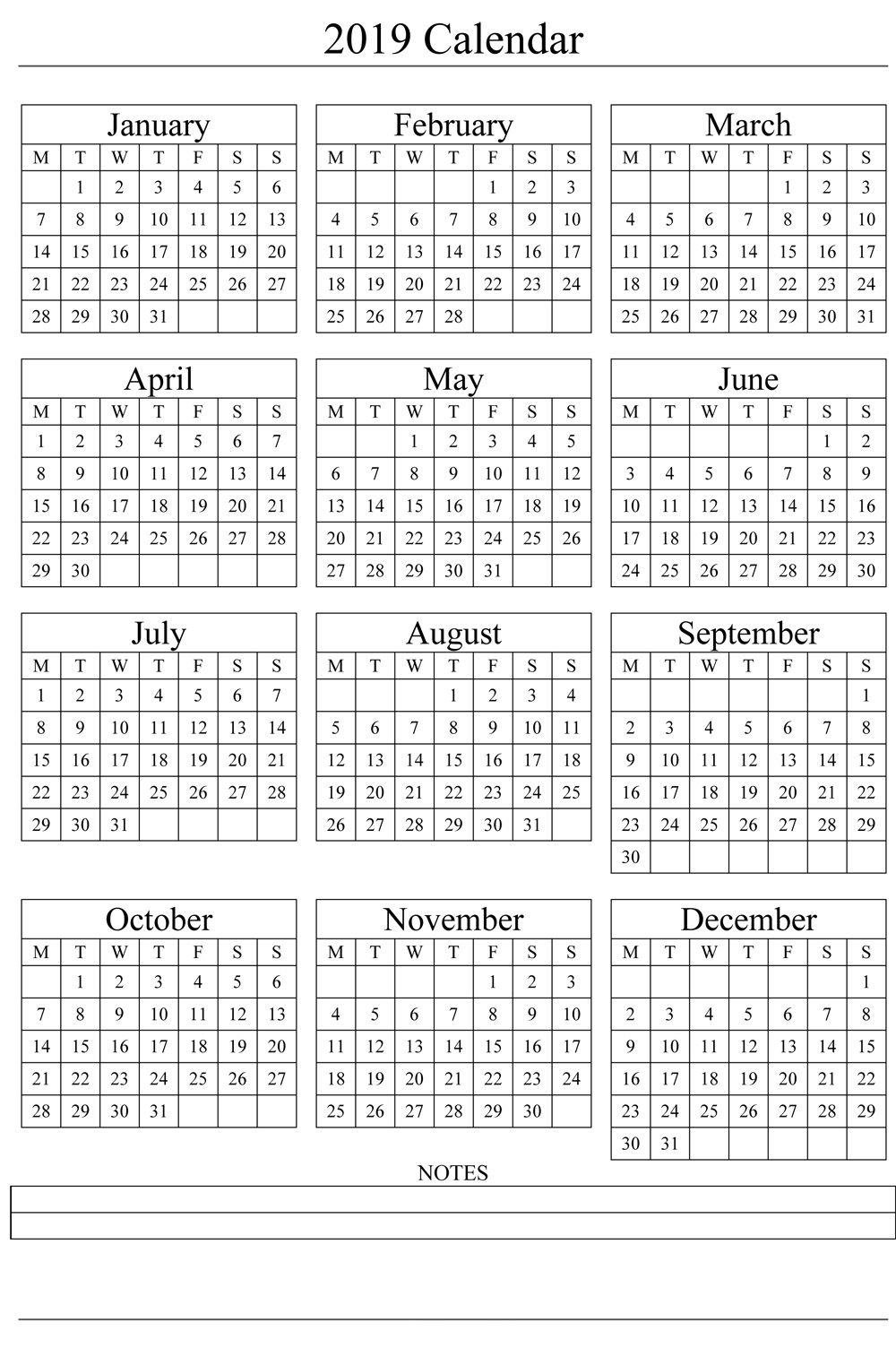 2019 Yearly Calendar Printable Templates Holidays, Pdf