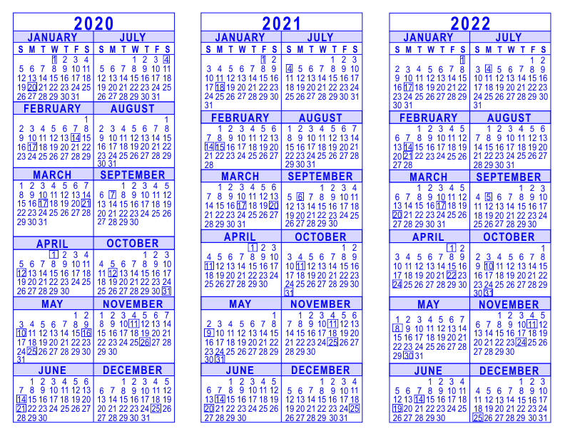 2020 2021 2022 3 year calendar