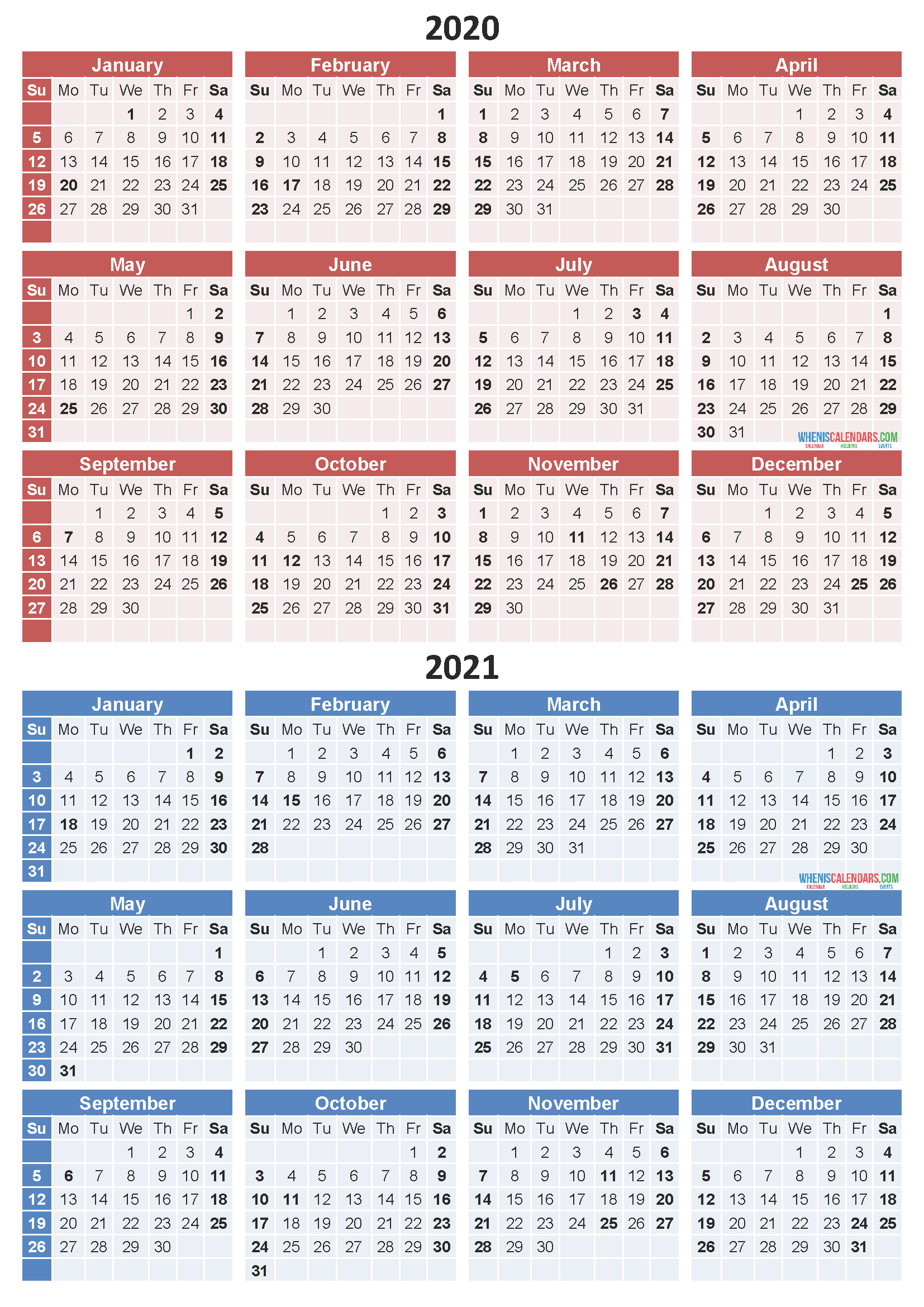 2020 And 2021 Calendar Printable With Holidays Free Download