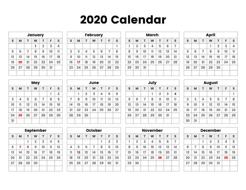 2020 blank calendar template in editable format (pdf, word)