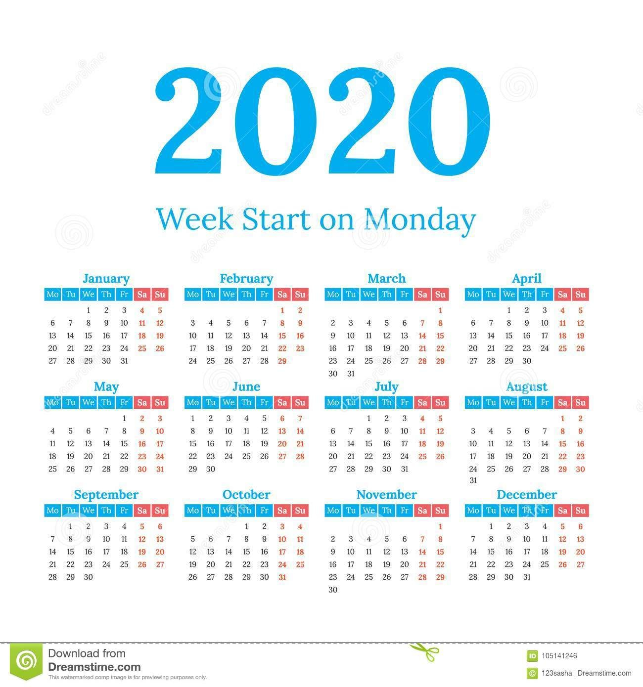 2020 Calendar Start On Monday Stock Vector Illustration