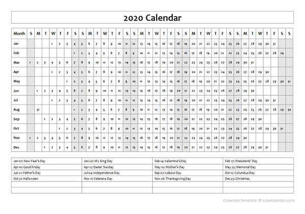 2020 Calendar Template Year At A Glance Free Printable