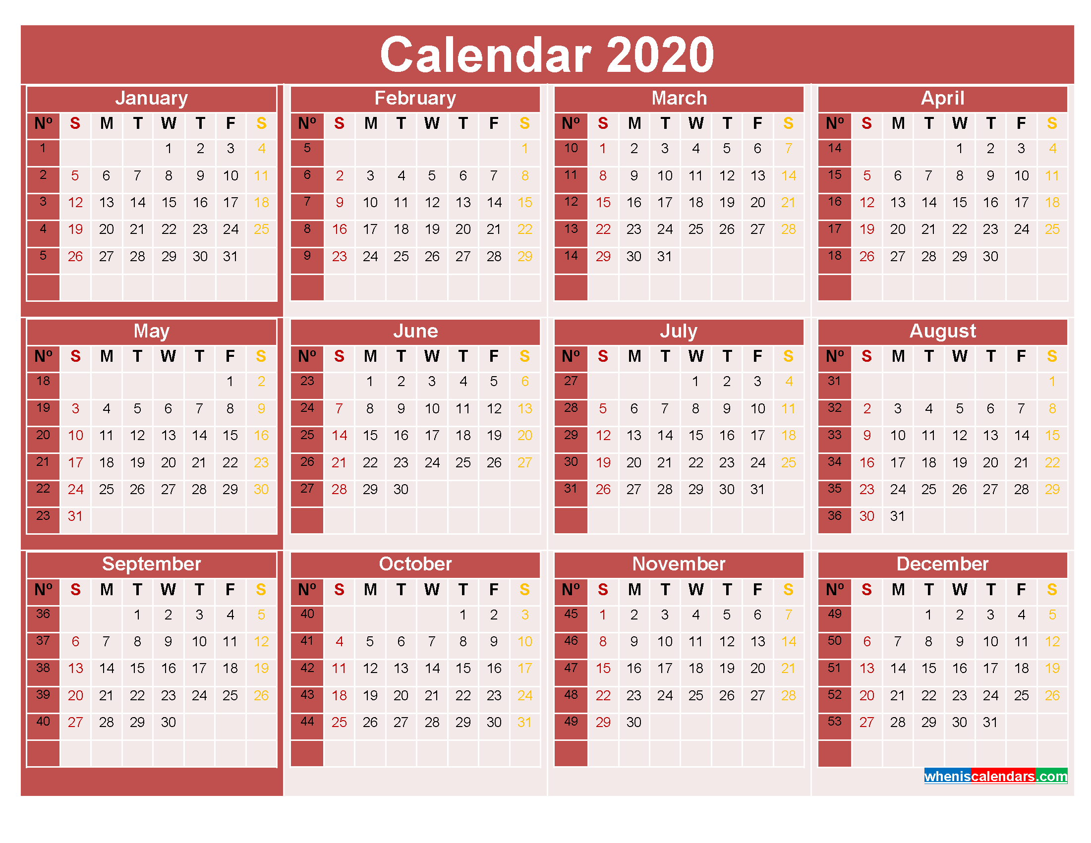 2020 calendar with week numbers printable word, pdf