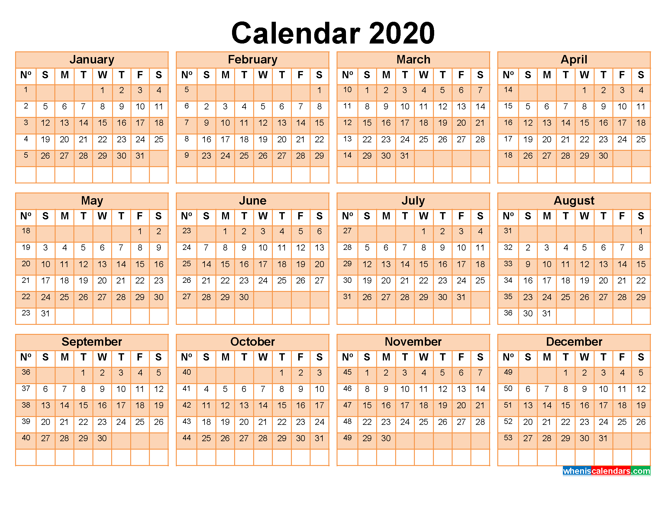 2020 calendar with week numbers printable word, pdf