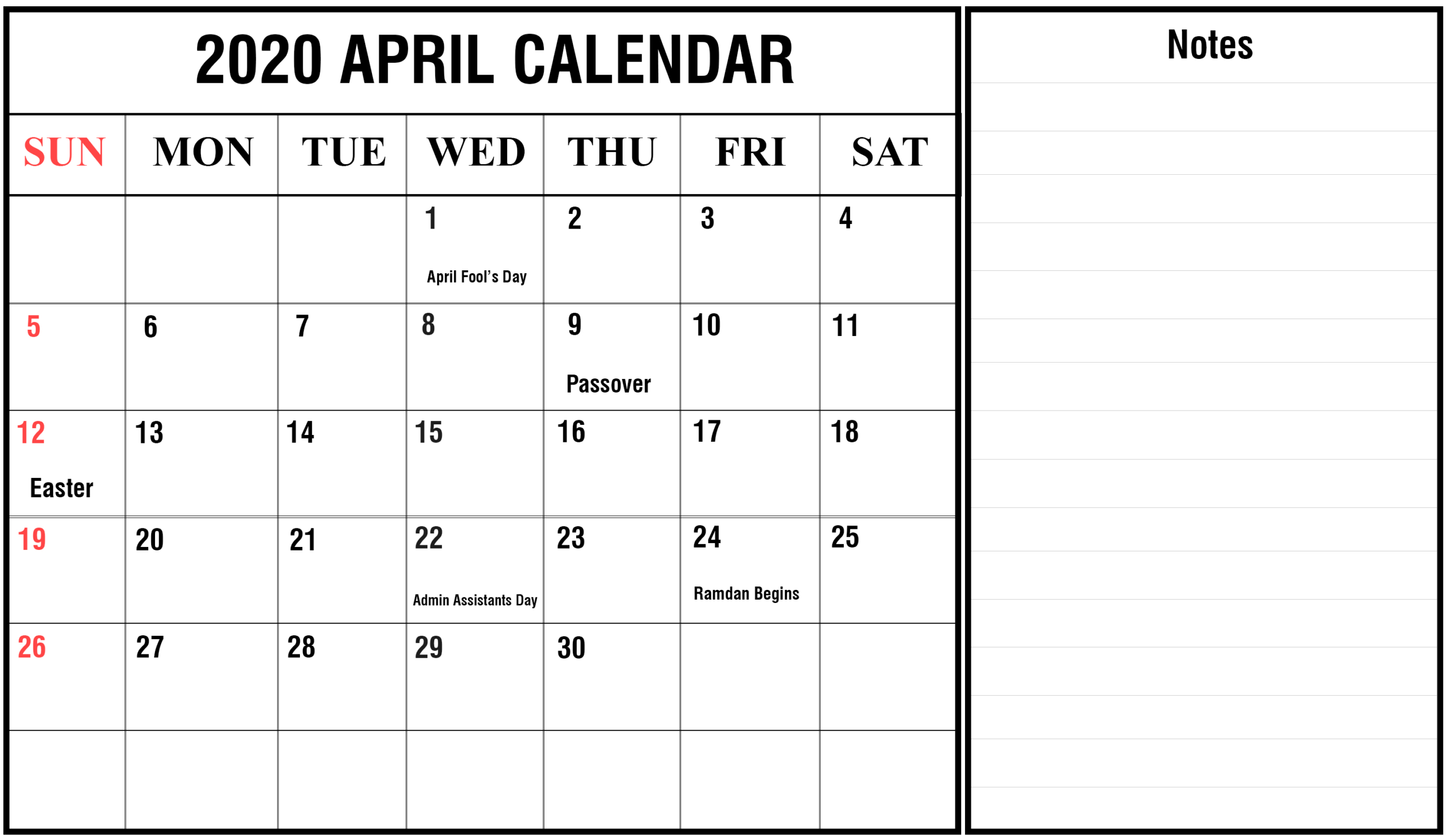 2020 Calender With Space To Write | Calendar Template