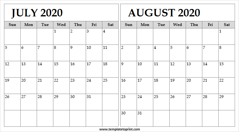 2020 July August Calendar Excel Worksheet Month Of July 2020