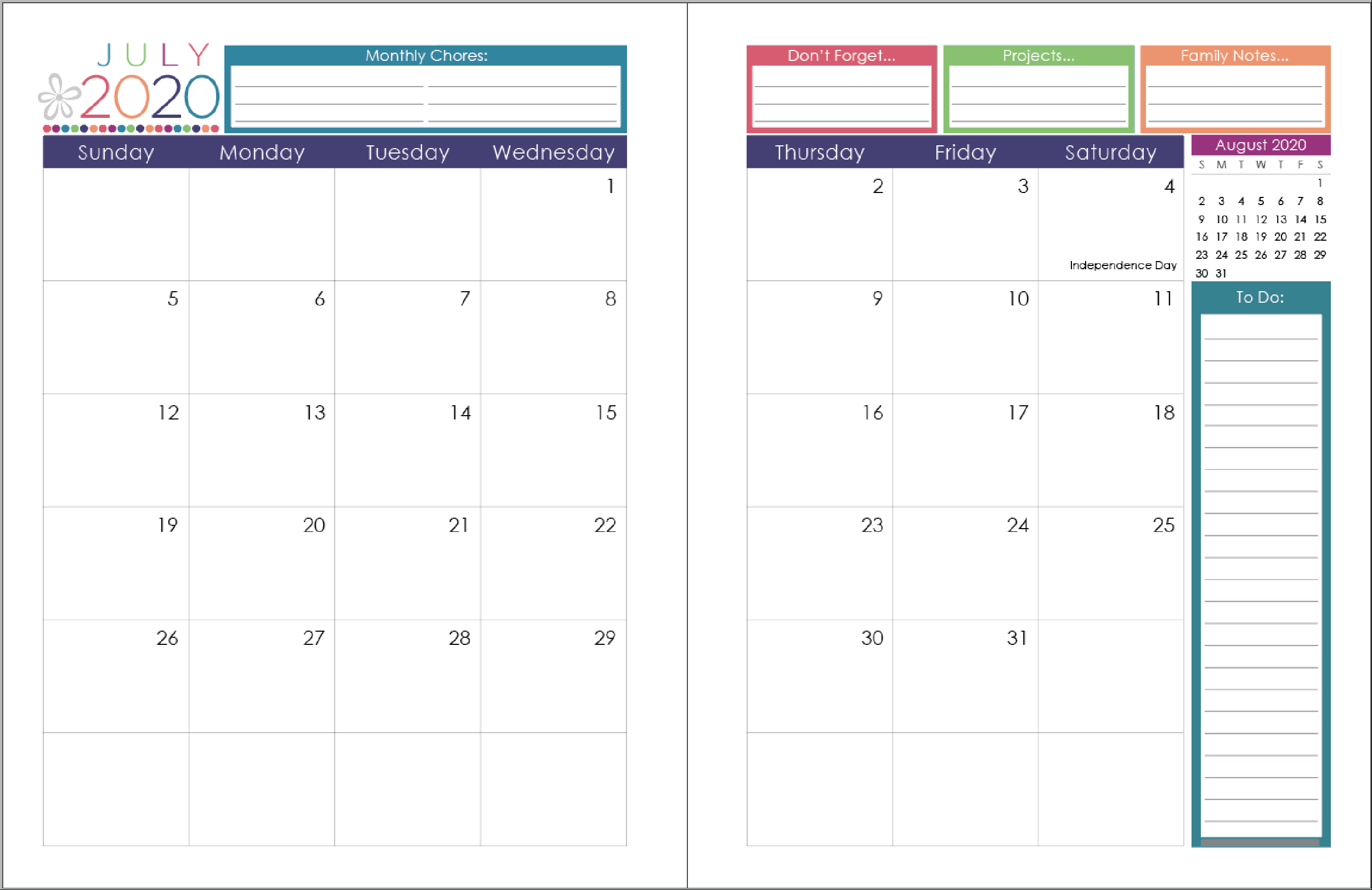 2020 Printable Calendar Organizing Homelife